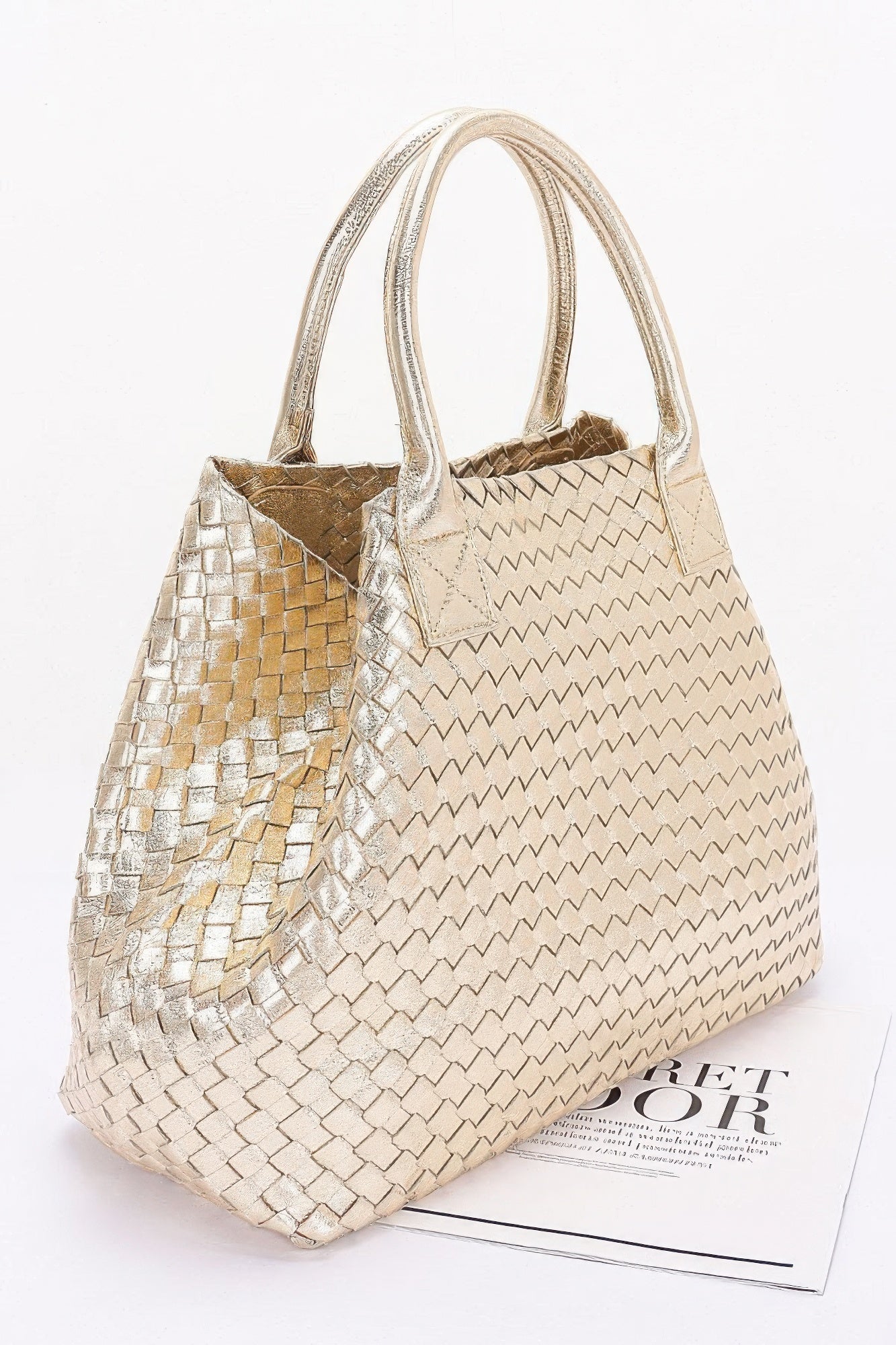 Metallic Faux Leather Braided Tote Bag