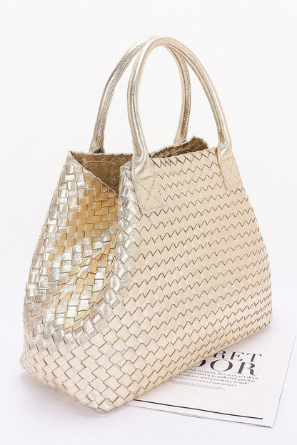 Metallic Faux Leather Braided Tote Bag