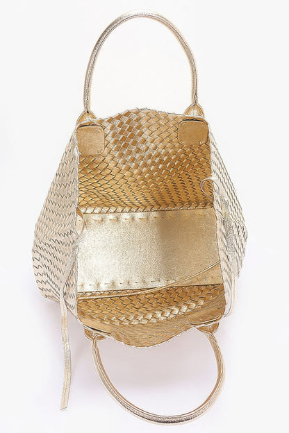 Metallic Faux Leather Braided Tote Bag