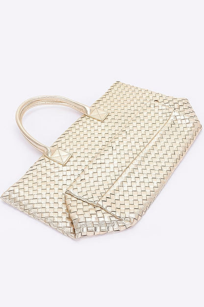 Metallic Faux Leather Braided Tote Bag