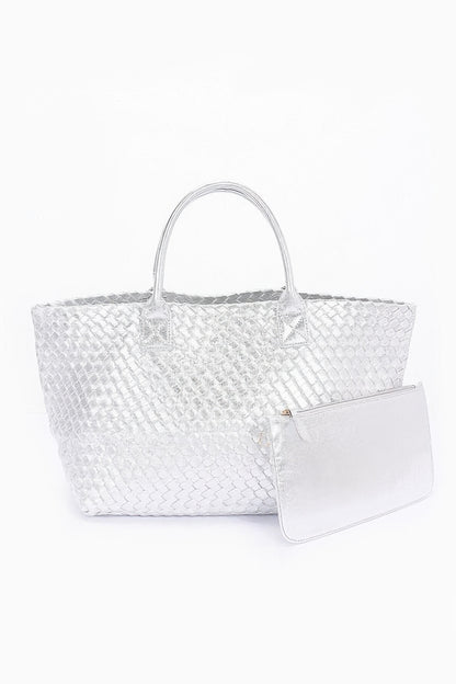 Metallic Faux Leather Braided Tote Bag