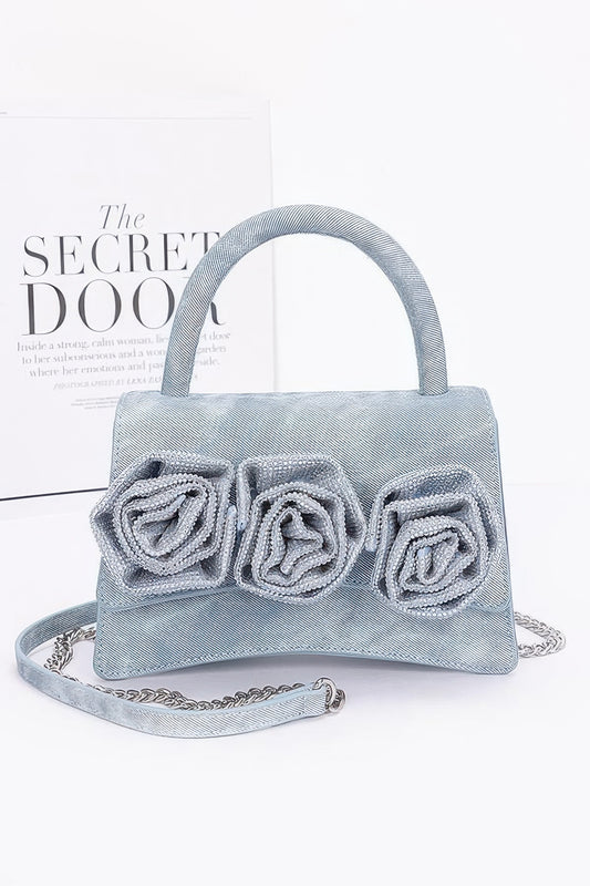 Faux Leather Rhinestone Hot Fix Flower Bag