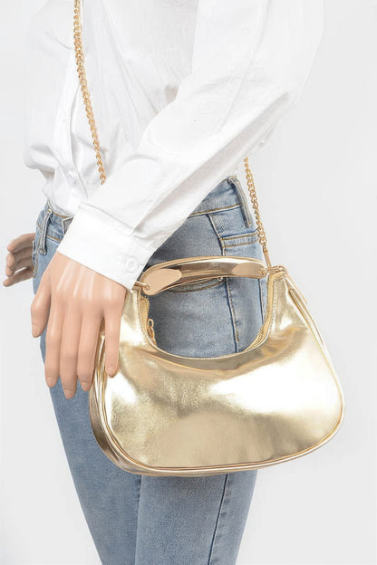 Metallic Faux Leather Metal Top Handle Clutch