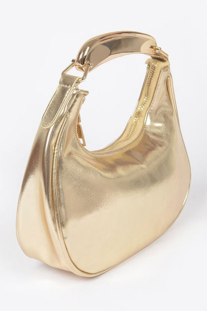 Metallic Faux Leather Metal Top Handle Clutch