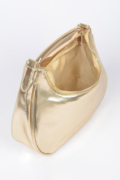 Metallic Faux Leather Metal Top Handle Clutch