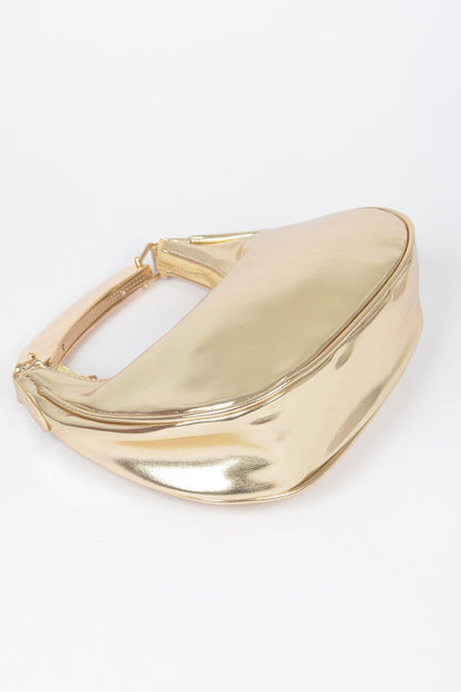 Metallic Faux Leather Metal Top Handle Clutch