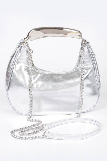 Metallic Faux Leather Metal Top Handle Clutch