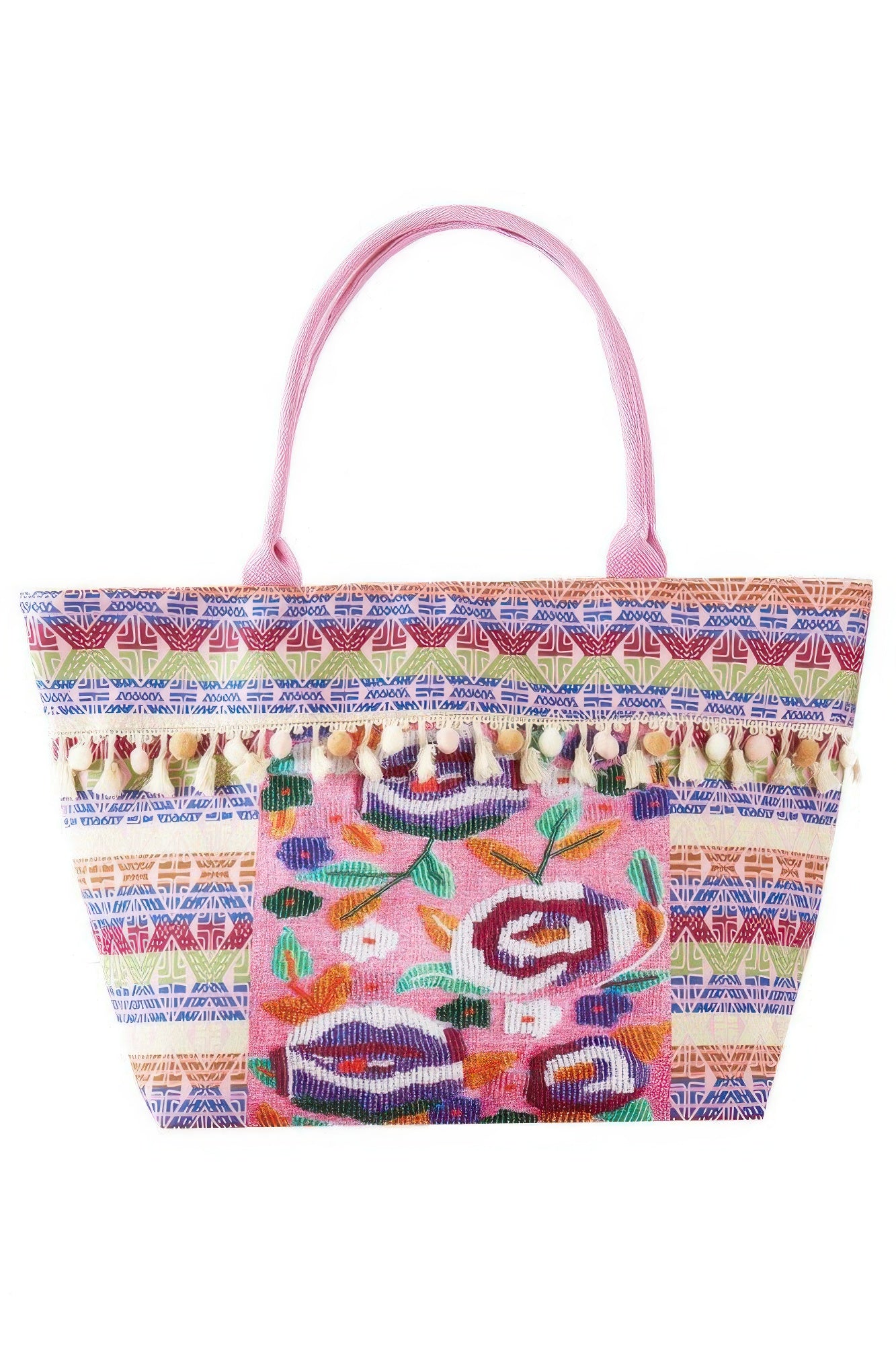 Boho Print Pom Pom Fringe Tote Bag