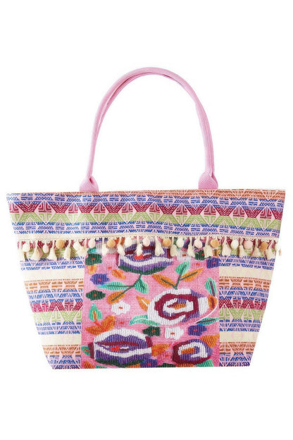 Boho Print Pom Pom Fringe Tote Bag