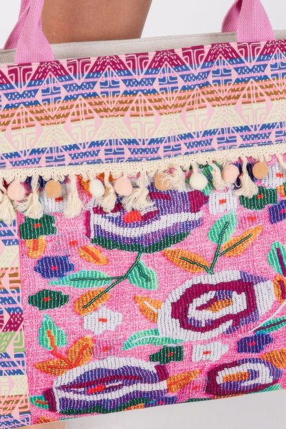 Boho Print Pom Pom Fringe Tote Bag