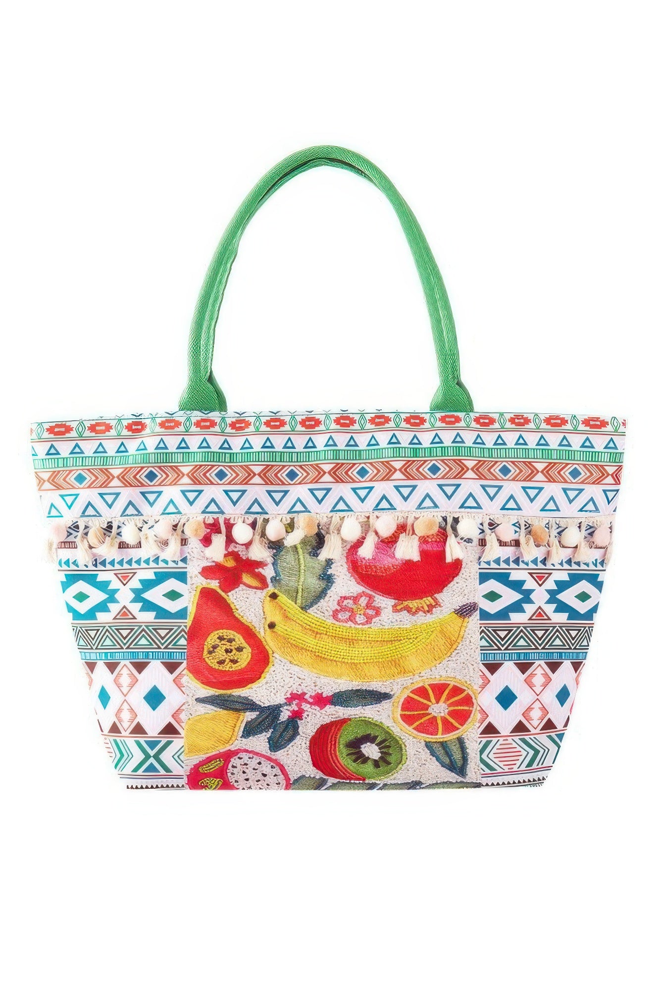 Fruit Boho Print Pom Pom Fringe Tote Bag