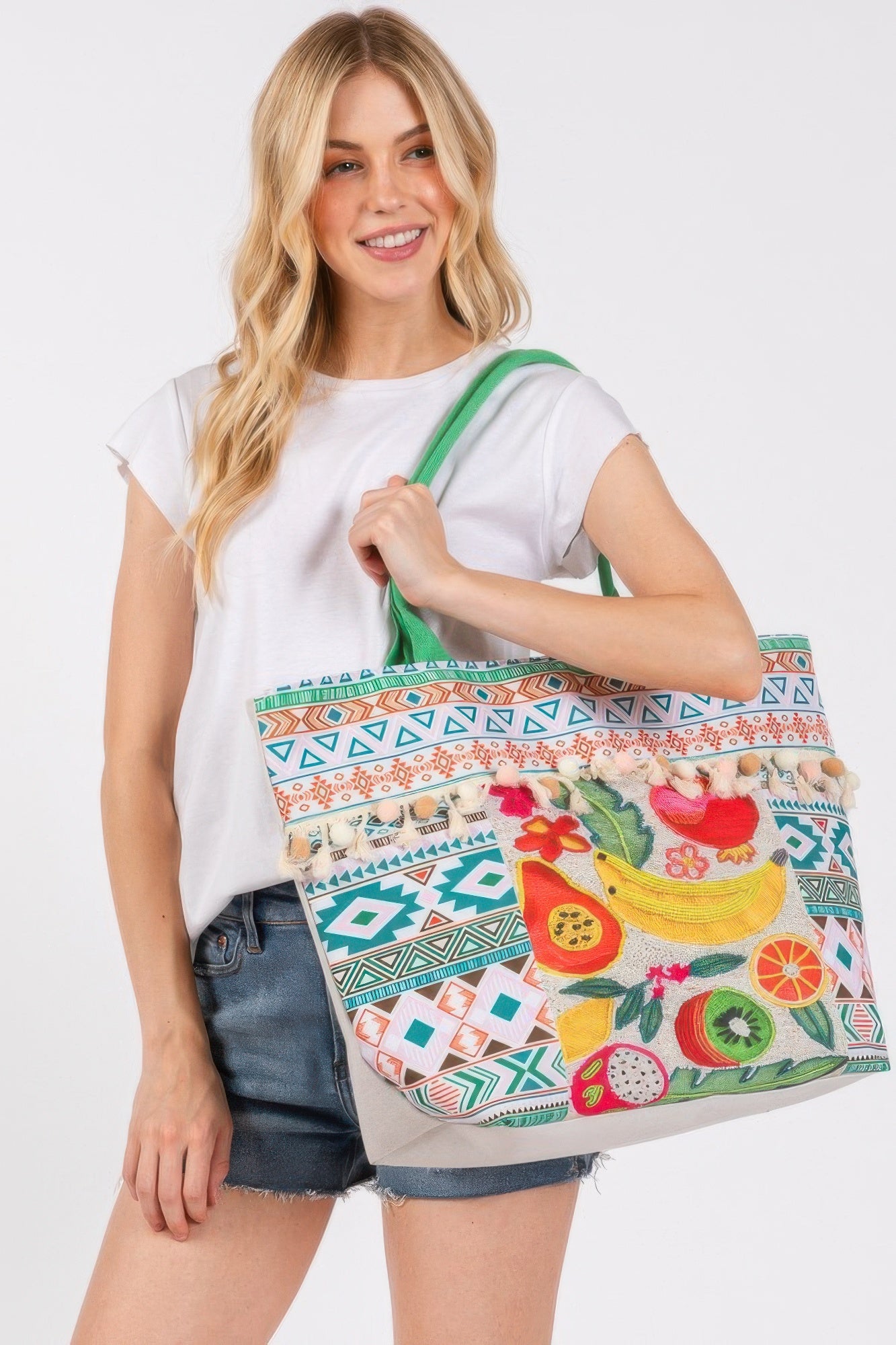 Fruit Boho Print Pom Pom Fringe Tote Bag