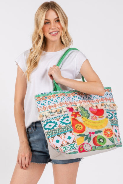 Fruit Boho Print Pom Pom Fringe Tote Bag