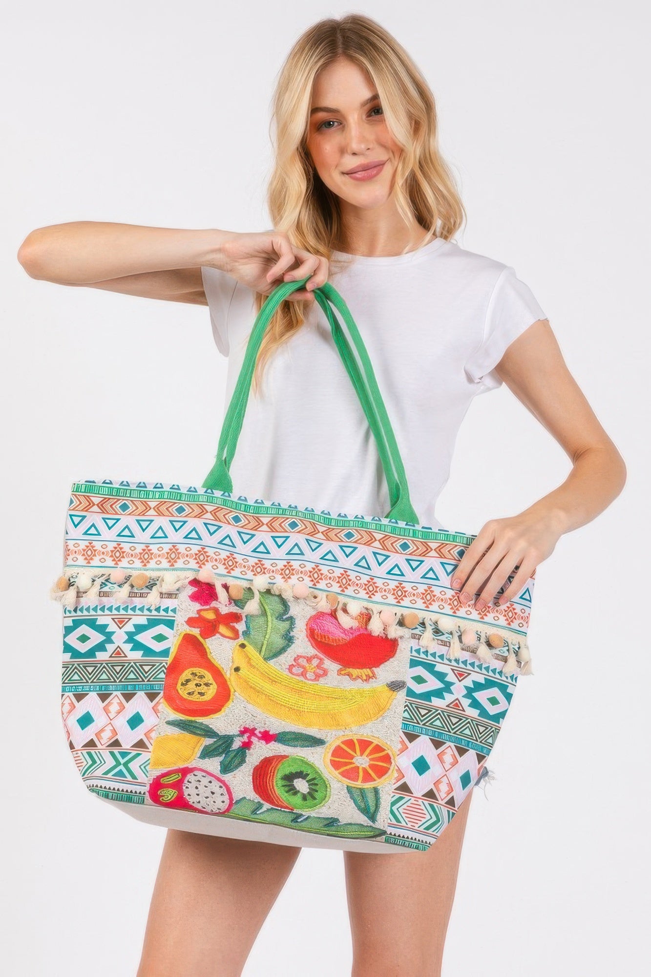 Fruit Boho Print Pom Pom Fringe Tote Bag