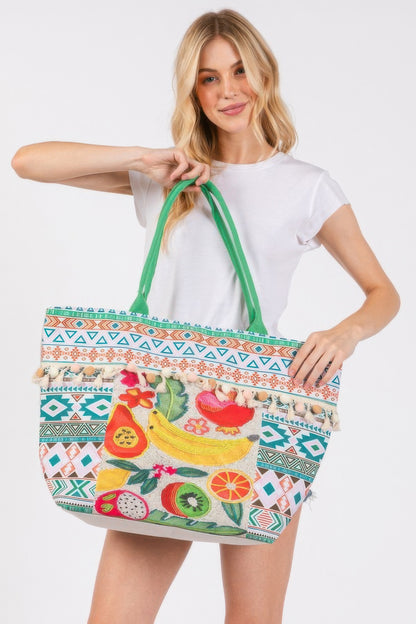 Fruit Boho Print Pom Pom Fringe Tote Bag