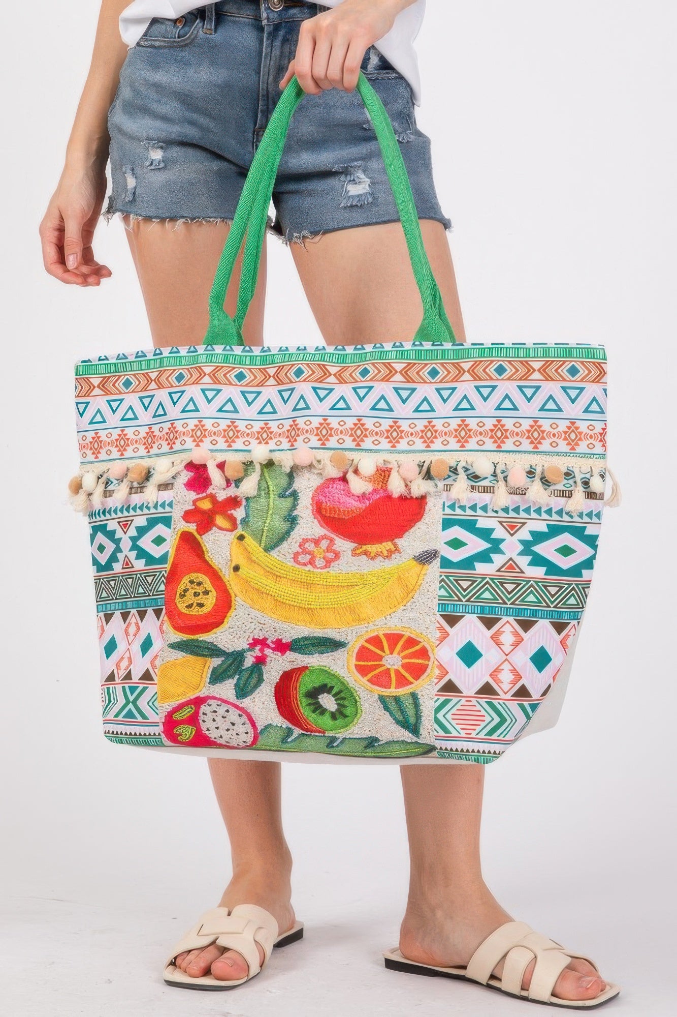 Fruit Boho Print Pom Pom Fringe Tote Bag