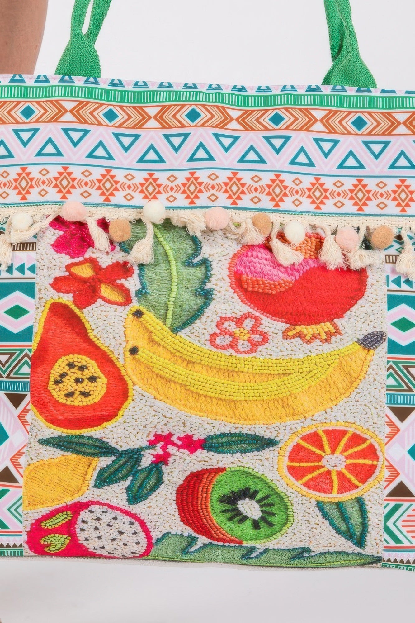 Fruit Boho Print Pom Pom Fringe Tote Bag