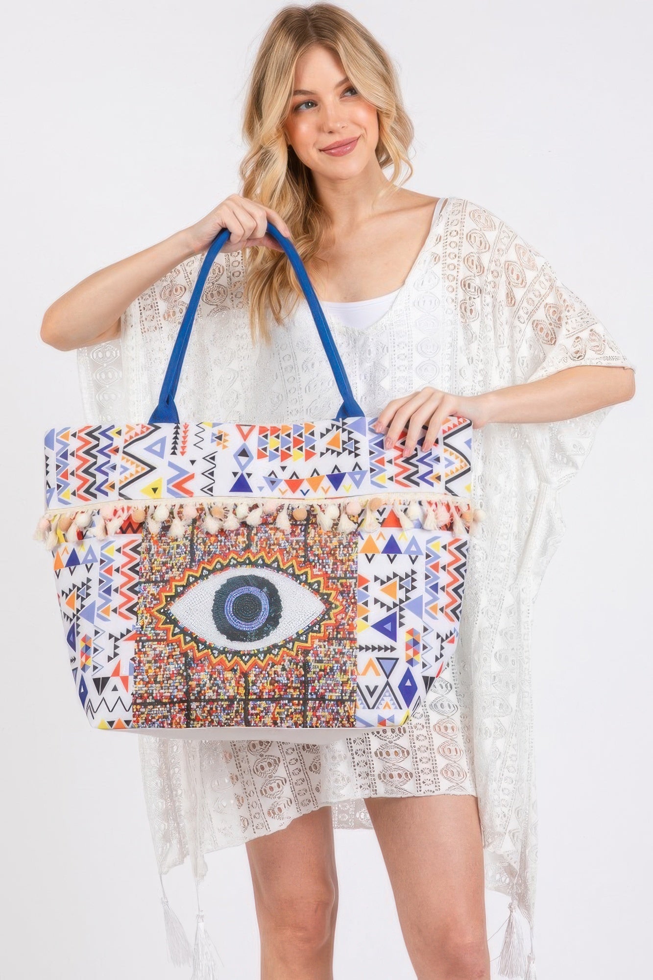 Evil Eye Boho Print Pom Pom Fringe Tote Bag