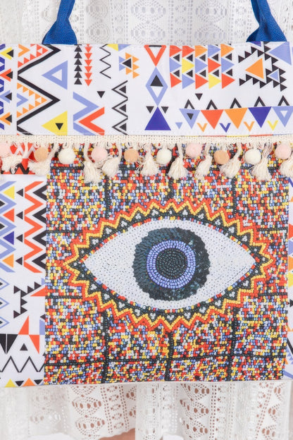 Evil Eye Boho Print Pom Pom Fringe Tote Bag