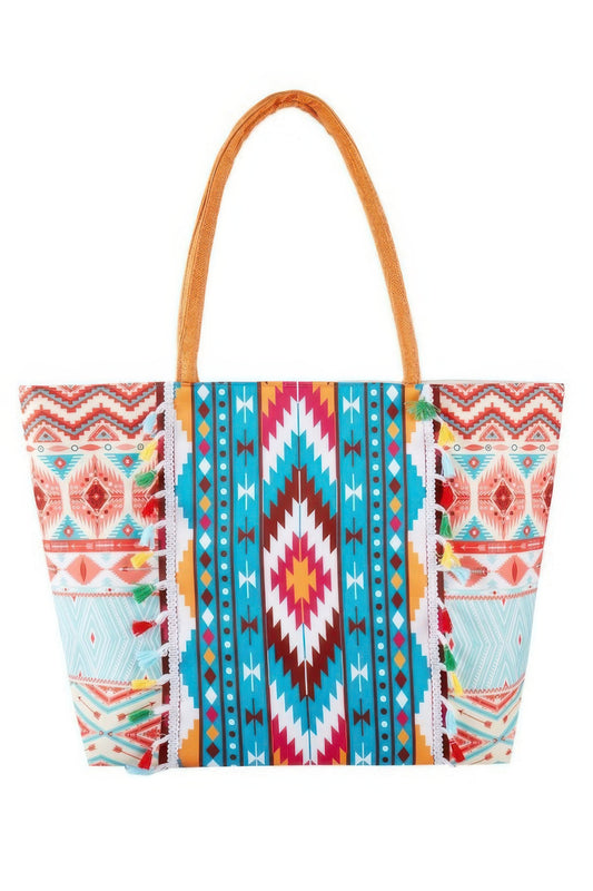 Boho Style Aztec Pattern Tassel Summer Tote Bag
