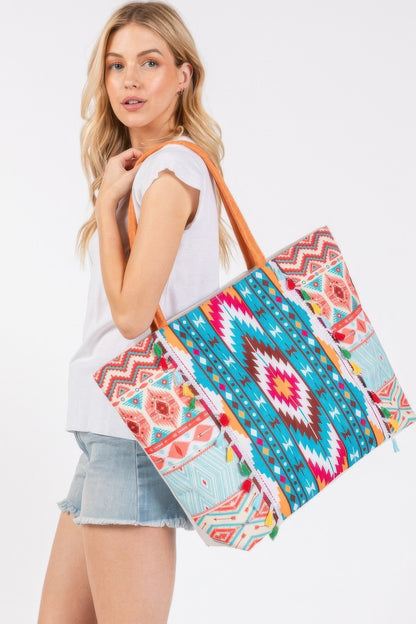 Boho Style Aztec Pattern Tassel Summer Tote Bag