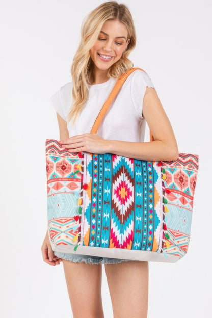 Boho Style Aztec Pattern Tassel Summer Tote Bag