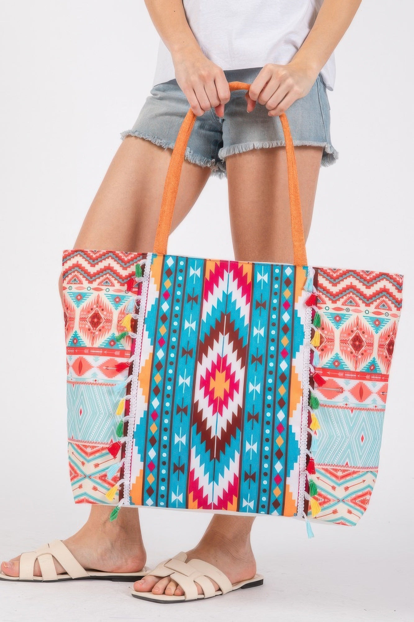 Boho Style Aztec Pattern Tassel Summer Tote Bag