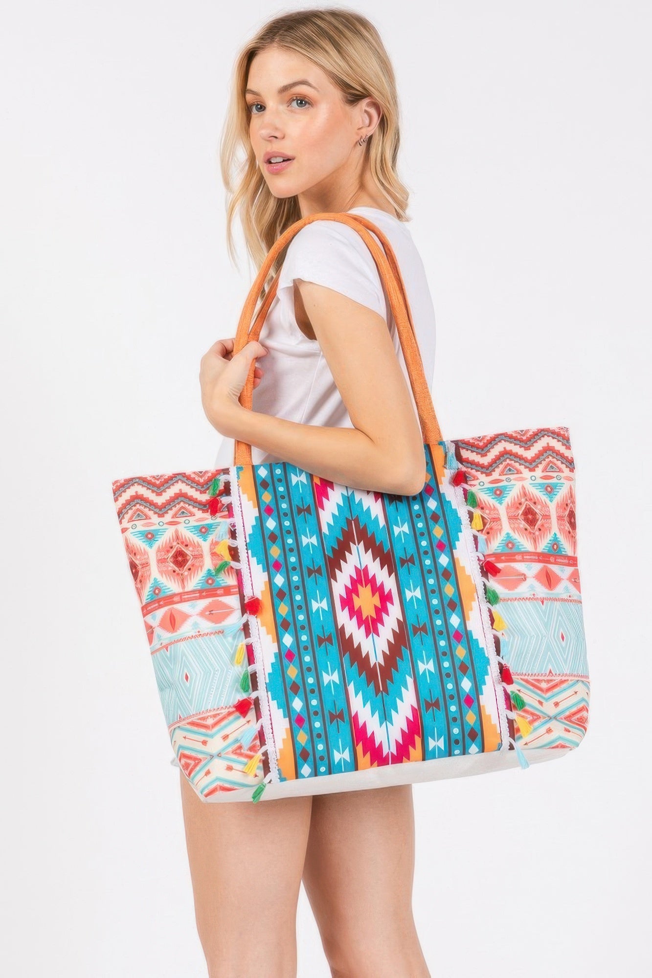 Boho Style Aztec Pattern Tassel Summer Tote Bag