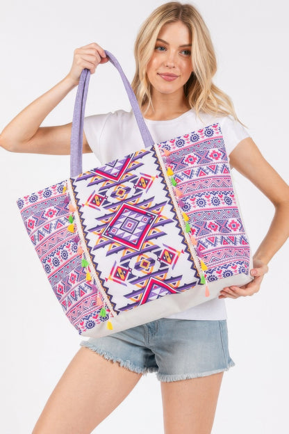 Boho Print Fringe Tote Bag