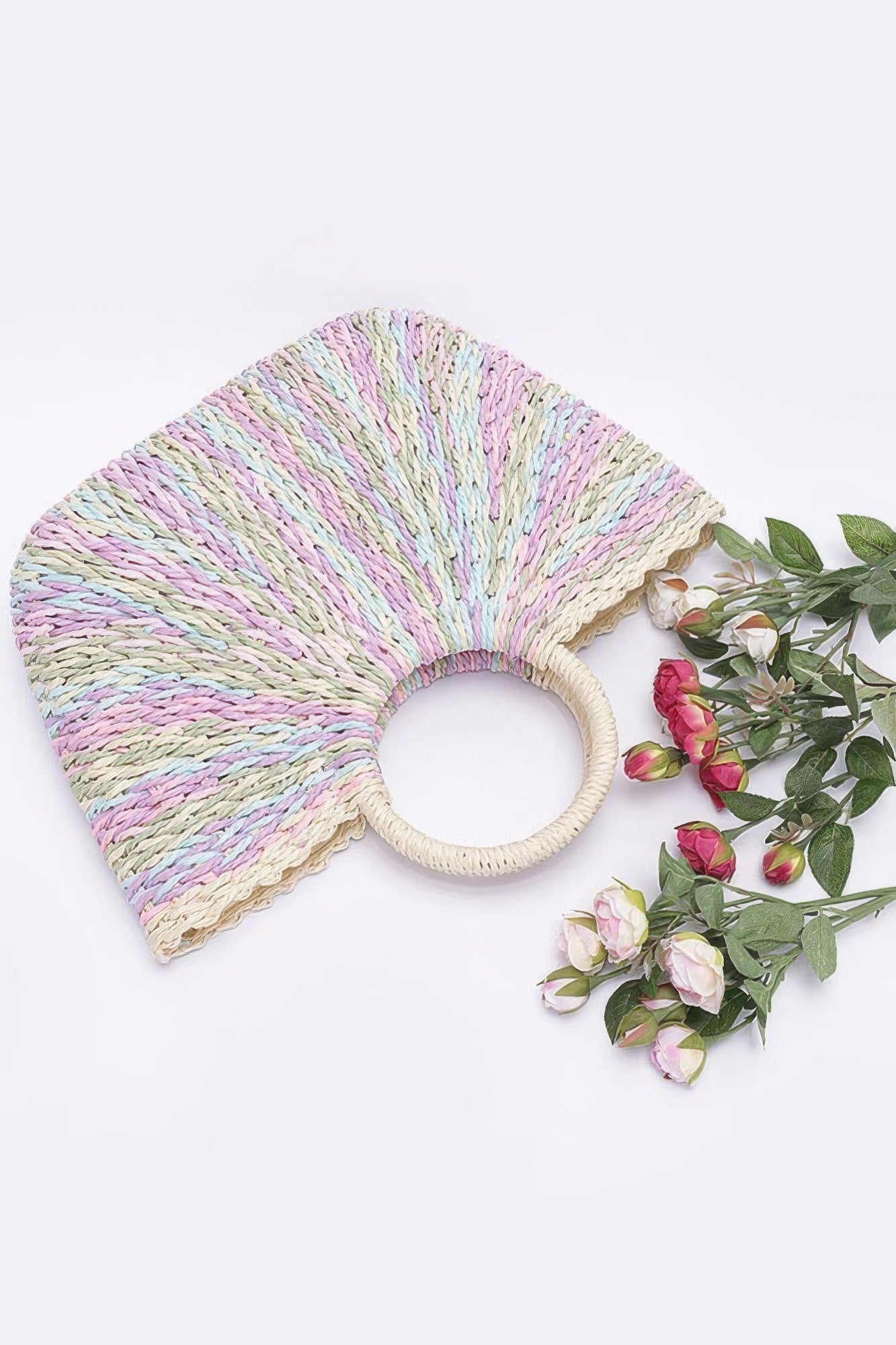 Faux Straw Multi Color Round Handle Tote Bag