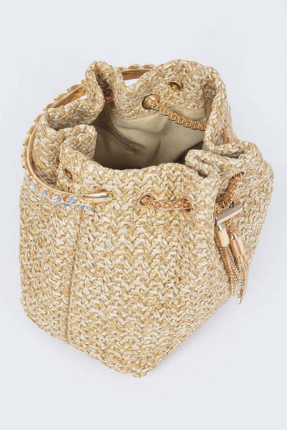 Faux Straw Bucket Bag W/stone Handle