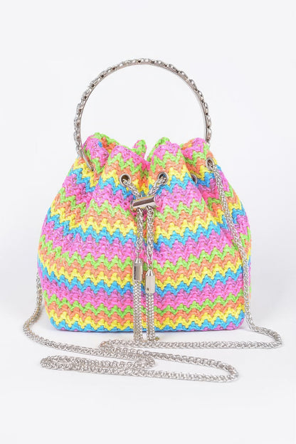 Faux Straw Bucket Bag W/stone Handle
