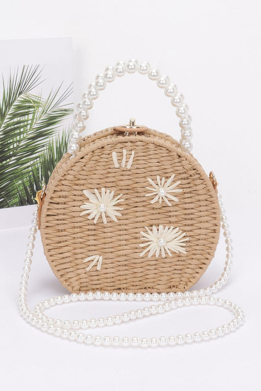 Faux Straw Handmade Clutch W/pearl Handle