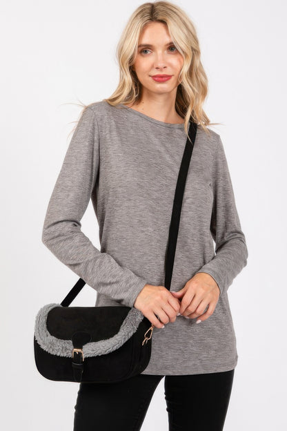 Fleece Trimmed Solid Crossbodybag Adjustable Strap