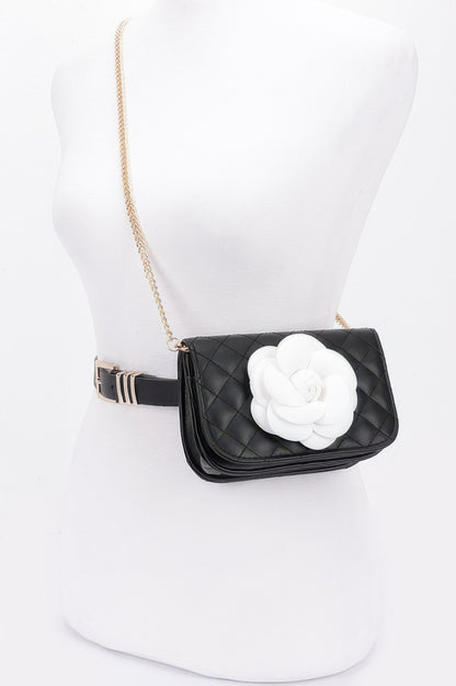 Faux Leather Quilted Flower Beltbag Shoulder Chain