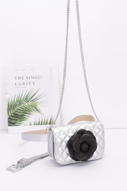 Faux Leather Quilted Flower Beltbag Shoulder Chain