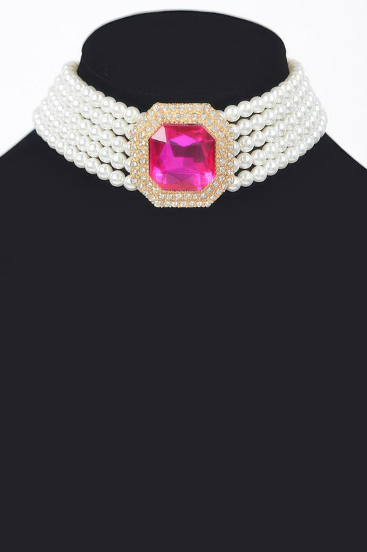 Multi Faux Pearl Chain Stone Choker