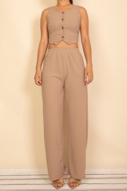 Scoop Neck Button Vest & Wide Leg Pants Set
