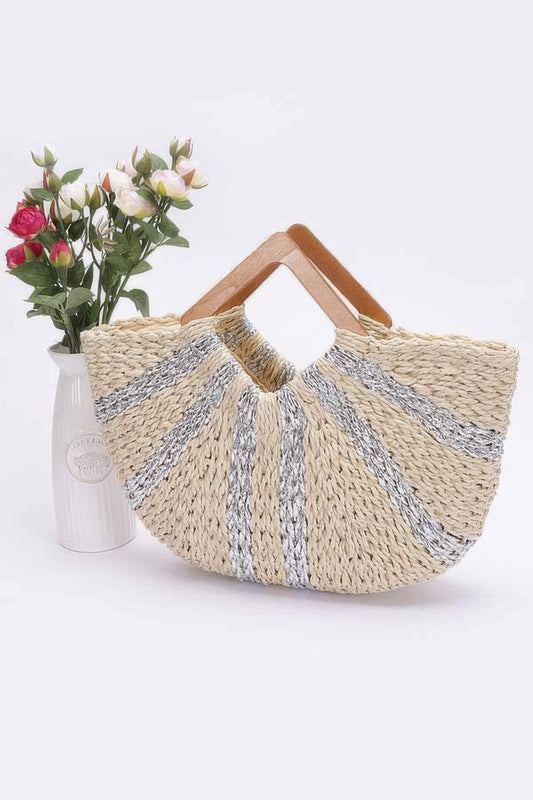 Fauxstraw Handmade Metallic Stripe Woodenhandlebag