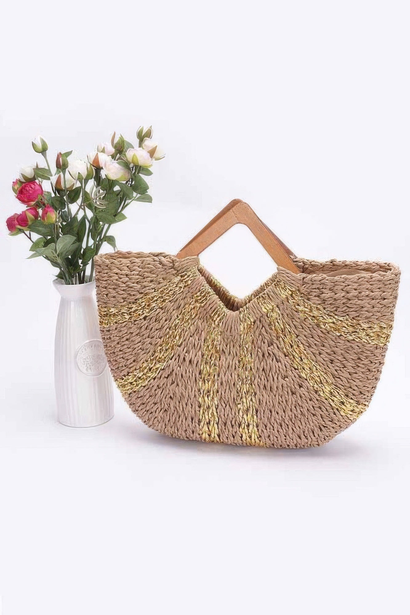 Fauxstraw Handmade Metallic Stripe Woodenhandlebag