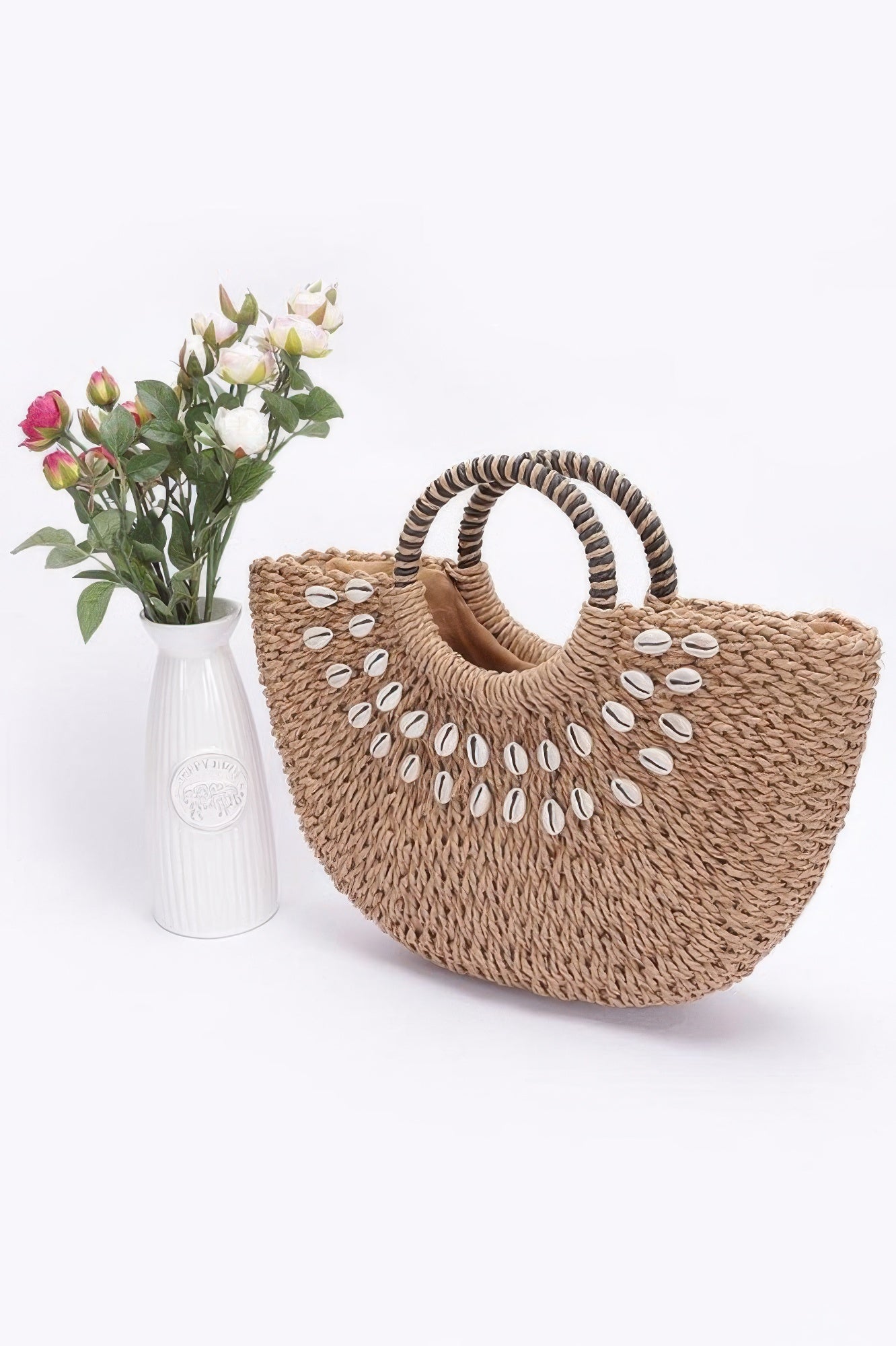 Faux Straw Handmade Shell Embellished Bag