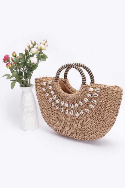 Faux Straw Handmade Shell Embellished Bag