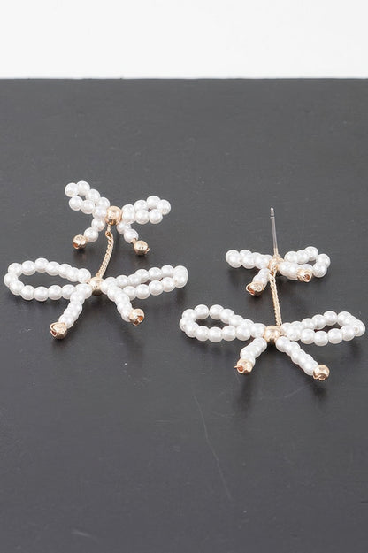 Double Pearl Ribbon Curb Chain Stud Earrings
