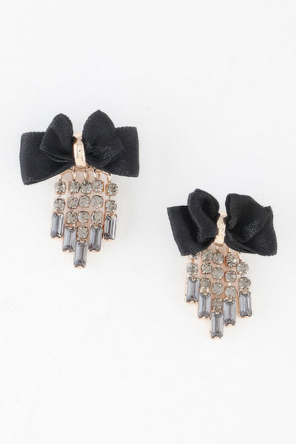 Shiny Rhinestone Curtain Drop Ribbon Stud Earrings
