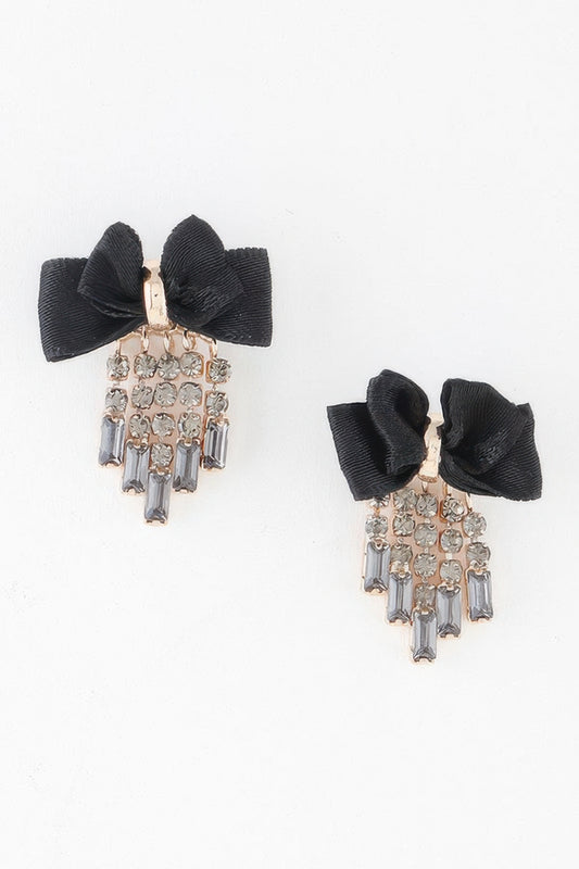 Shiny Rhinestone Curtain Drop Ribbon Stud Earrings