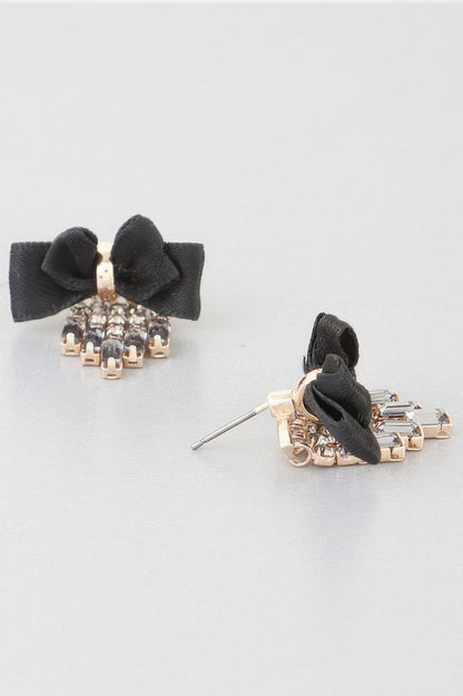 Shiny Rhinestone Curtain Drop Ribbon Stud Earrings