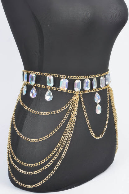 Metal Layered Chain Belt W/acrylic Stone