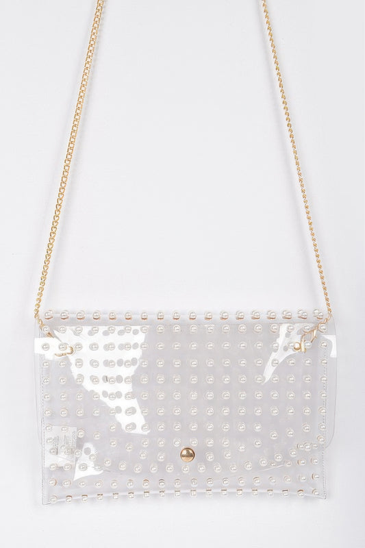 Faux Pearl Studded Transparent Envelope Clutch