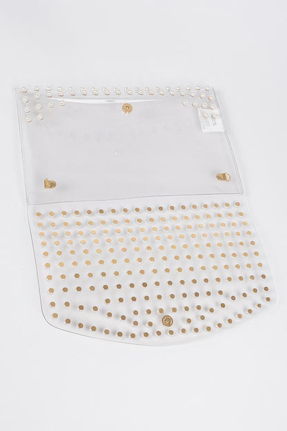 Faux Pearl Studded Transparent Envelope Clutch