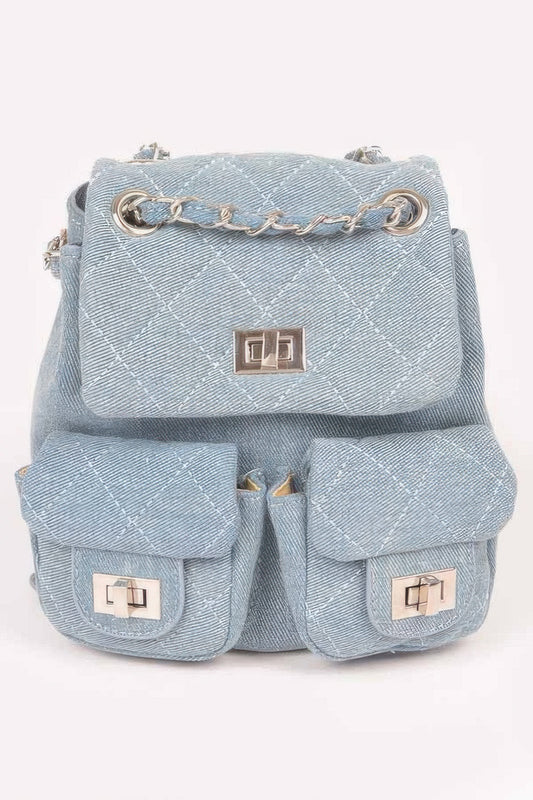 Quilted Denim Double Pocket Front Backpack 